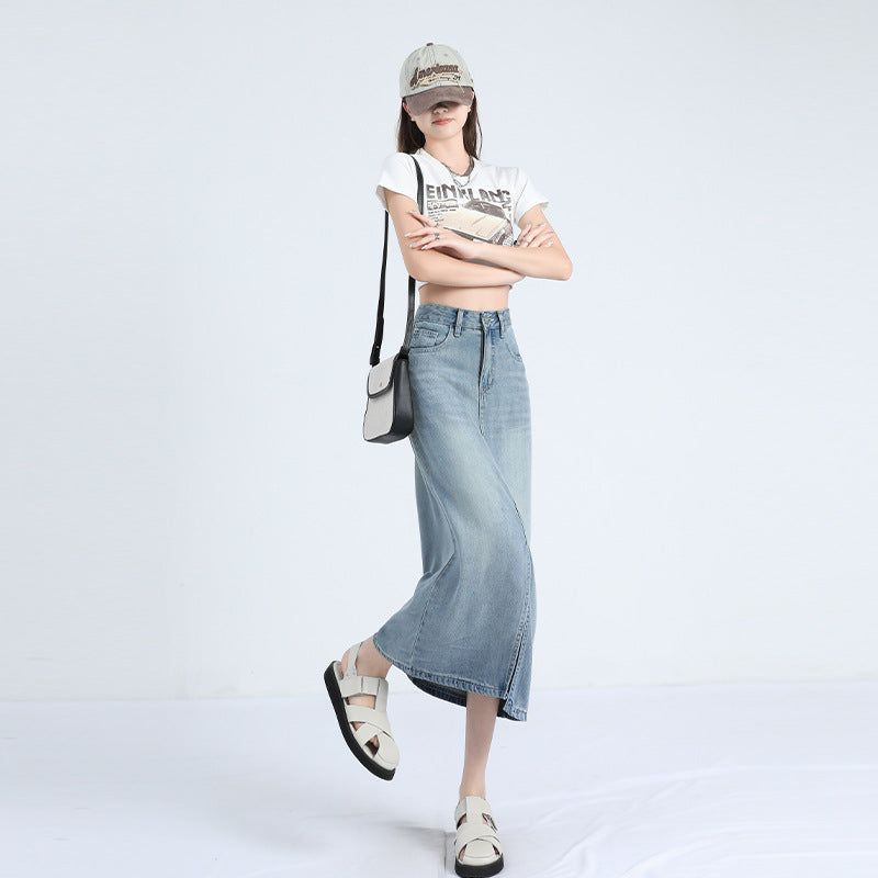 Lyocell Denim Skirt Women's Summer Thin High Waist Loose Split Ice Silk A- line Medium Long Sheath Skirt