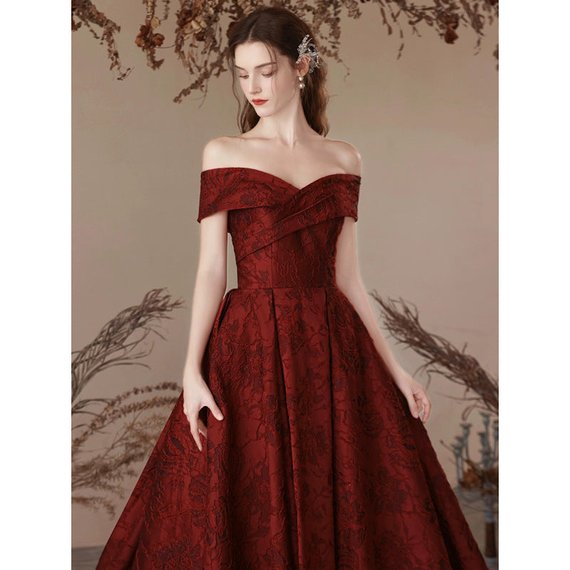 LOVERCCR off-Shoulder Printed Satin Toast Dress New Bride Marriage Engagement Hepburn Style High-End Evening Dress