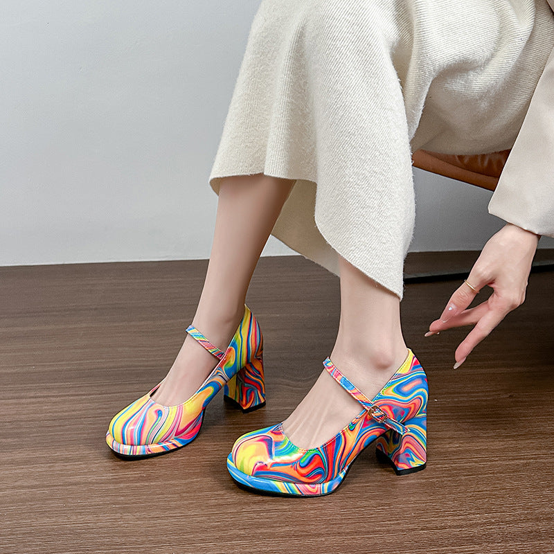 2025 2025 style round head high heels women's 2025 summer new one-word buckle with waterproof table thick heel temperament large size sandals