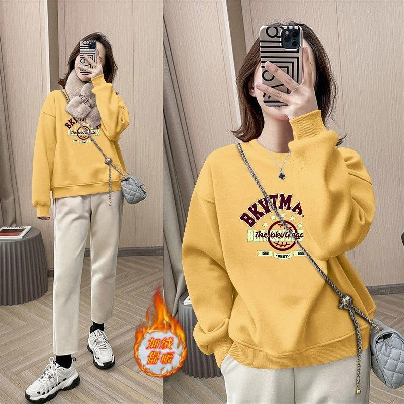 popular Spring and Autumn New Korean Edition Fashion Crew Neck Sweater Women's Loose Long Sleeve Small Versatile Fleece Top Trend