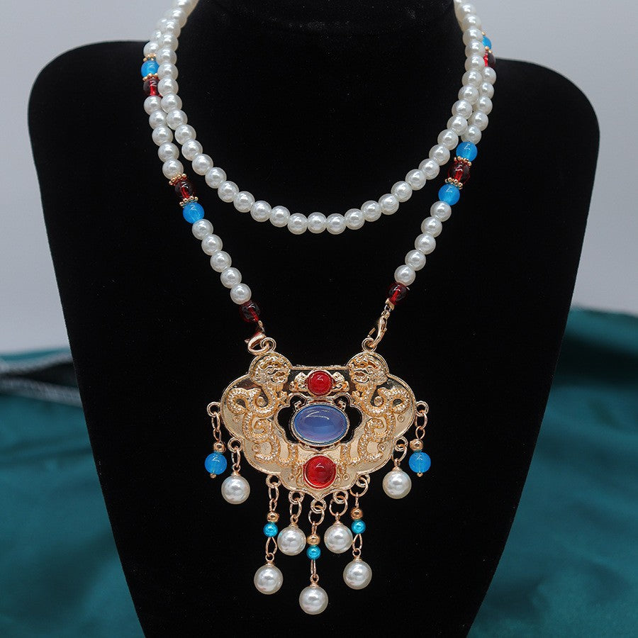 Han Chinese Clothing Beiyun Necklace of Precious Stones Long Necklace Tassel Pearl Collar Ming Ancient Style Longevity Lock Flat-Fitting Collar Accessories