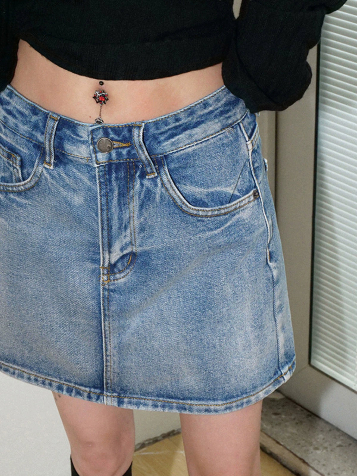 retro 2025n washed denim skirt women's summer new loose high-waisted a-character thin short skirt
