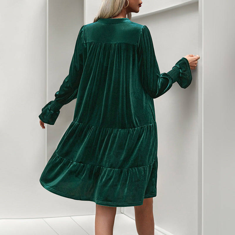 LOVECCR Europe and the United States foreign trade women's clothing autumn atmosphere elegant skirt V-neck ruffle edge velvet dress