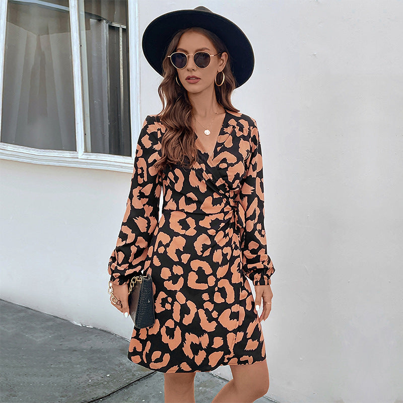 LOVECCR Europe and the United States new leopard print v-neck long-sleeved long-sleeved dress temperament casual wrap skirt