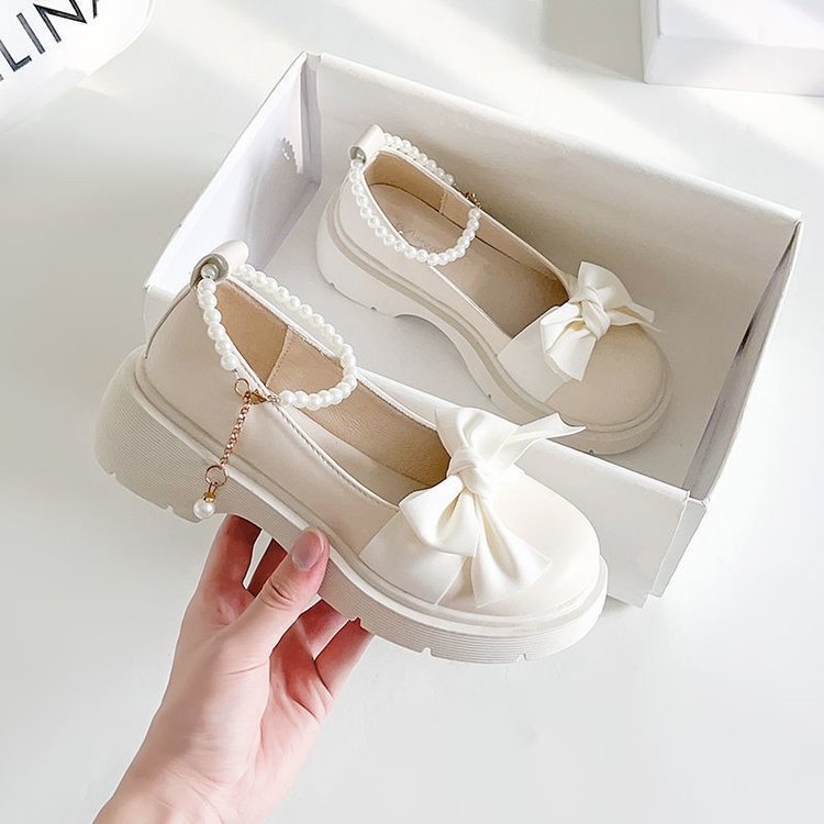 loveccr Style Mary Jane Shoes Women's Spring and Autumn New Pearl Bow Girls' Pumps Chunky Heel Fairy Style Loafers