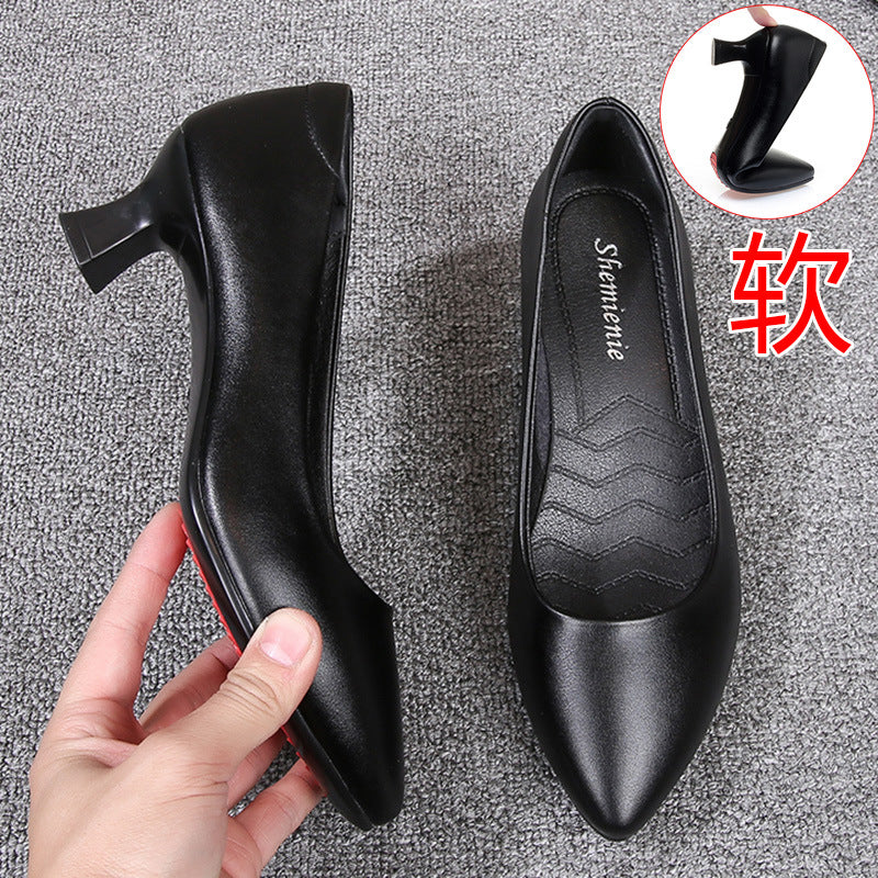 loveccr Genuine Leather Stewardess Work Shoes Women's Black Leather Shoes Small Heel Professional Business Workwear Formal Wear Mid-Heel High Heel Interview Women's Shoes