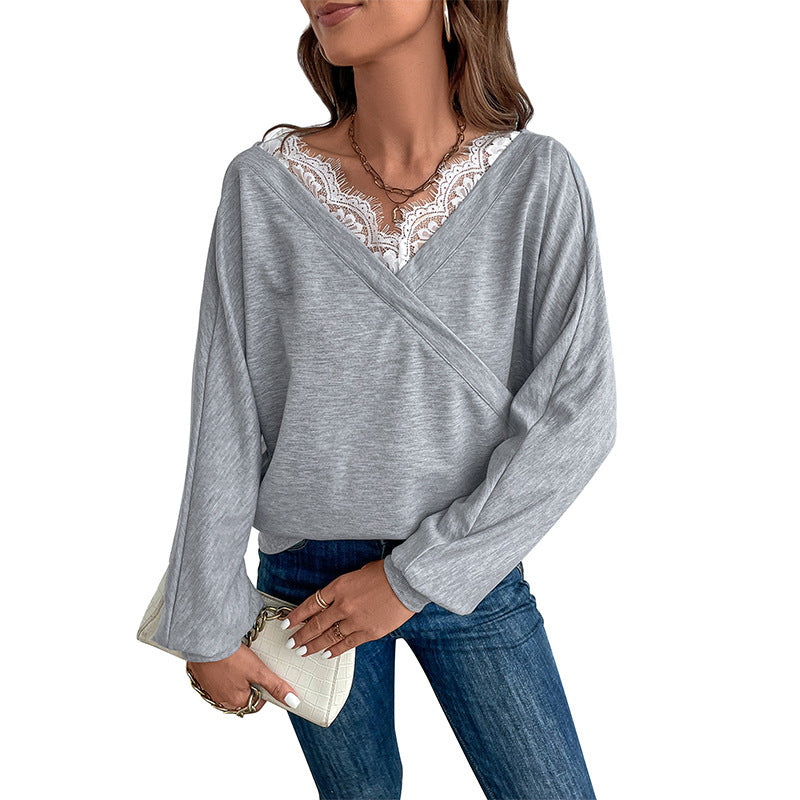 LOVECCR women's clothing Hot autumn 2025 popular V-neck sweater lace splicing top fashion pullover T-shirt