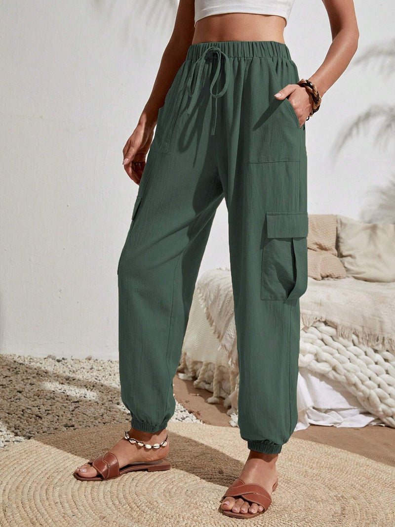 2025 Tiktoktemu women's clothing spring and summer new versatile solid color pocket casual tooling women's pants