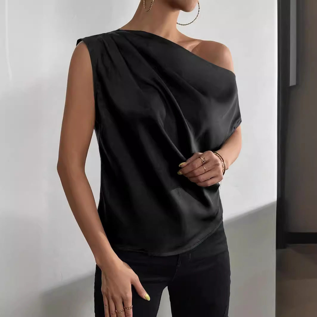 2025 Popular, , New women's clothing summer new fashion versatile diagonal collar pinch pleated shoulder asymmetrical vest