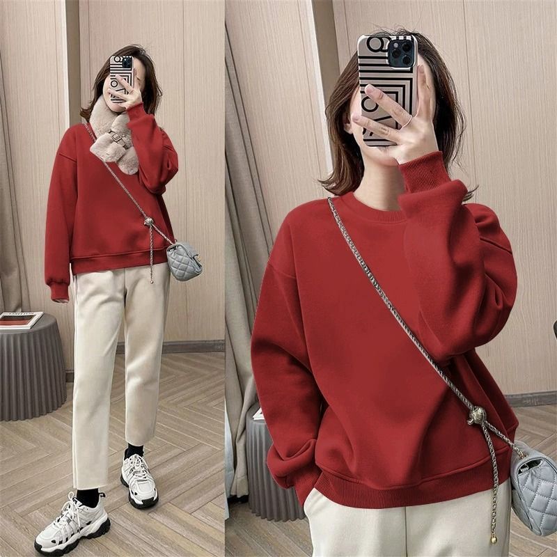 spring and autumn new Korean version of burgundy thin sweater women's pullover round neck printing loose long-sleeved top and clothing