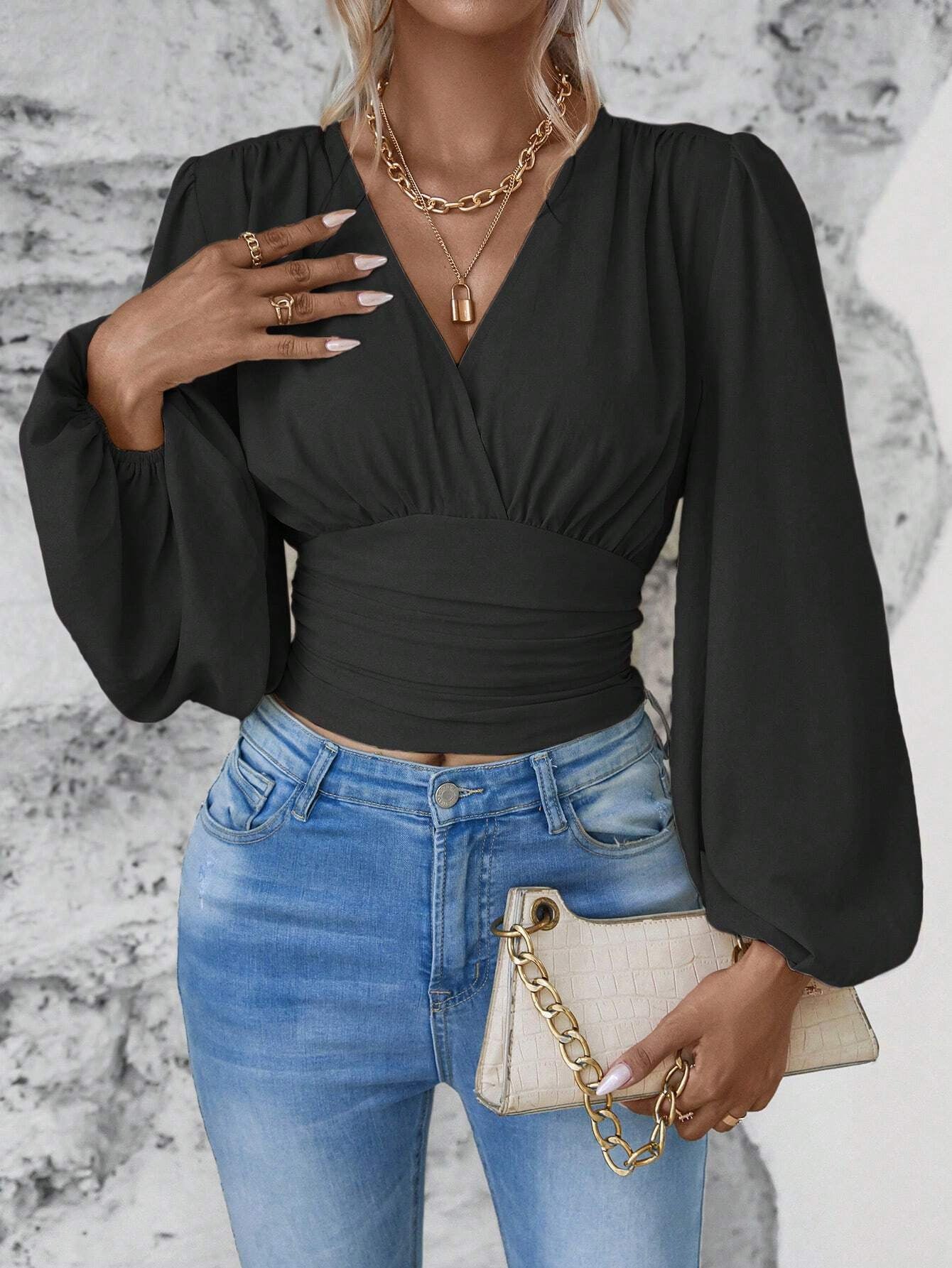 2025 popular Popular, , New spring and autumn new fashion waist V-neck bag sleeve solid color wrinkled T women's long-sleeved top