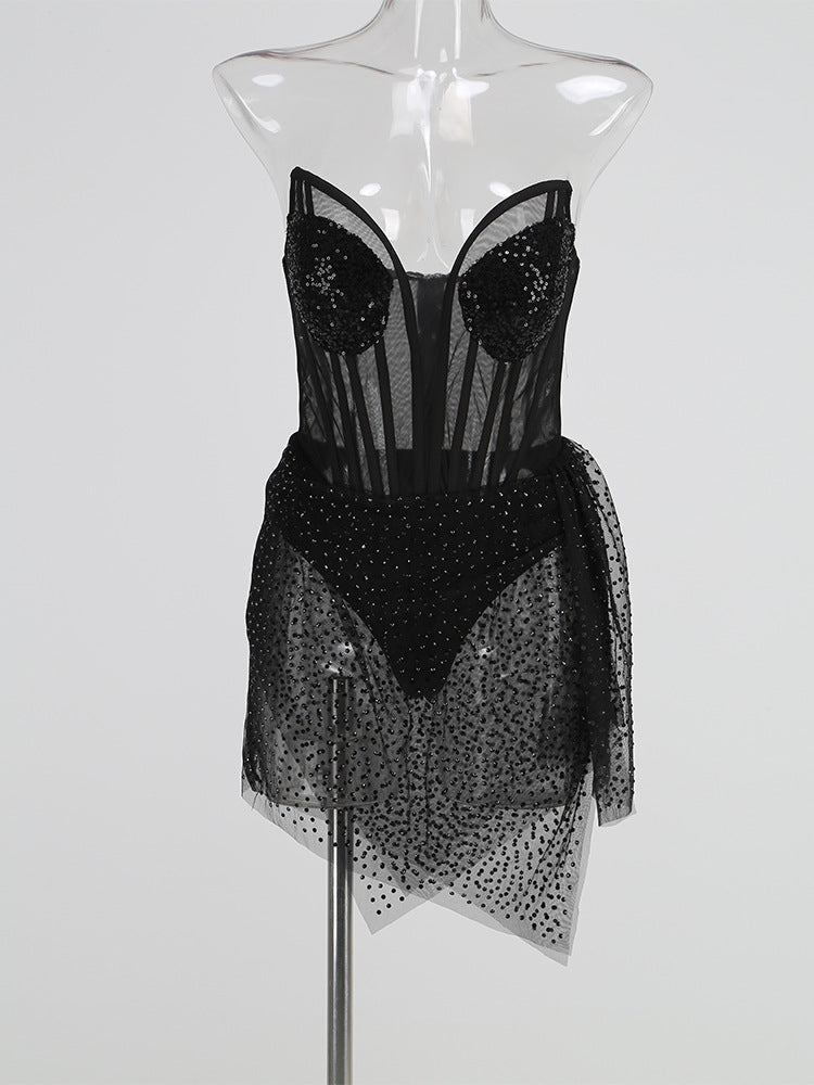 LOVERCCR Cross-Border Women's Clothing New High-End Rhinestone Sexy Mesh See-through Irregular Dress Slim Fit Tube Top Dress Skirt