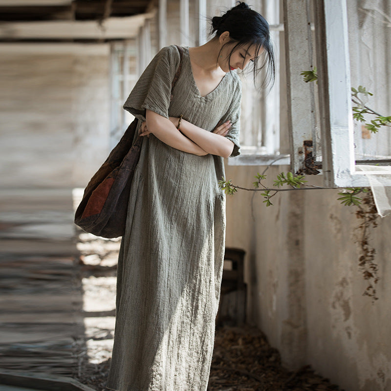 Summer Linen Cotton Thin Tie-Dyed Original New Chinese Long Dress Home Travel Literary Style Women's Dress