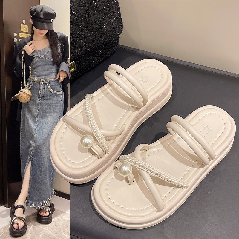 Pearl Toe Ring Slippers Fairy Wind Summer New Korean Fashion Rhinestone Platform Sandals Wholesale