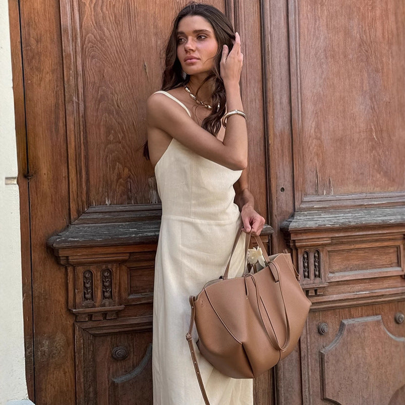 2025 spring and summer fashion new cotton and linen square neck suspender backless dress fashion New wholesale medium and long dress