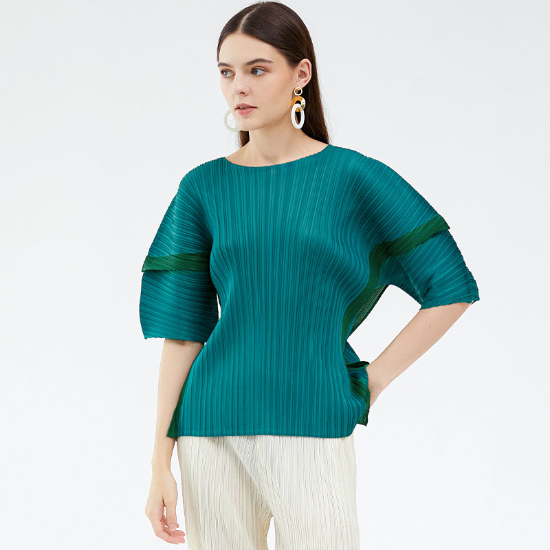 summer large size women's clothing new contrasting colors casual style pleated design sense simple loose splicing top women's summer