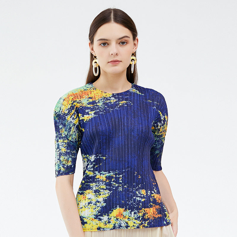Casual style summer new niche starry sky printed top crew neck versatile t-shirt women's summer pleated bottoming shirt