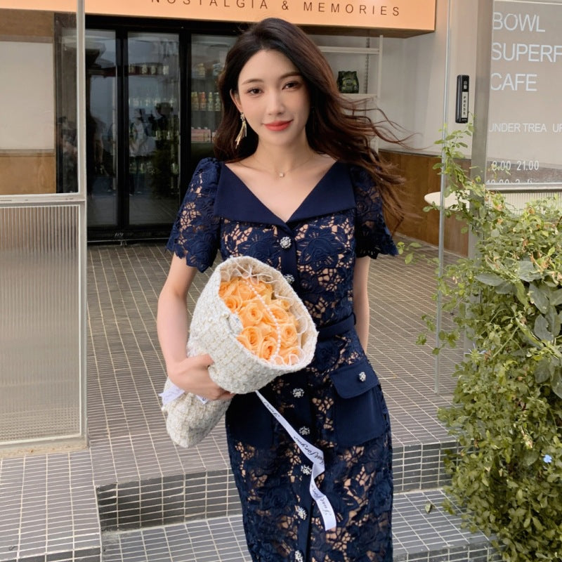 LOVECCR Early Spring New Women's Clothing Water Soluble Lace Dark Blue Large Lapel High Waist Slimming Dress Long Dress Evening Dress