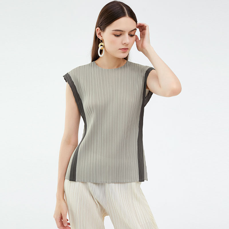Miyake splicing top niche design sense new women's clothing crew neck pleated loose t-shirt women's summer leisure