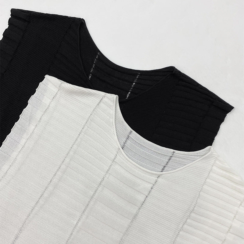 Miyake summer breathable solid color knitted sweater fashionable sleeveless T-shirt loose waist striped thin casual top women's summer