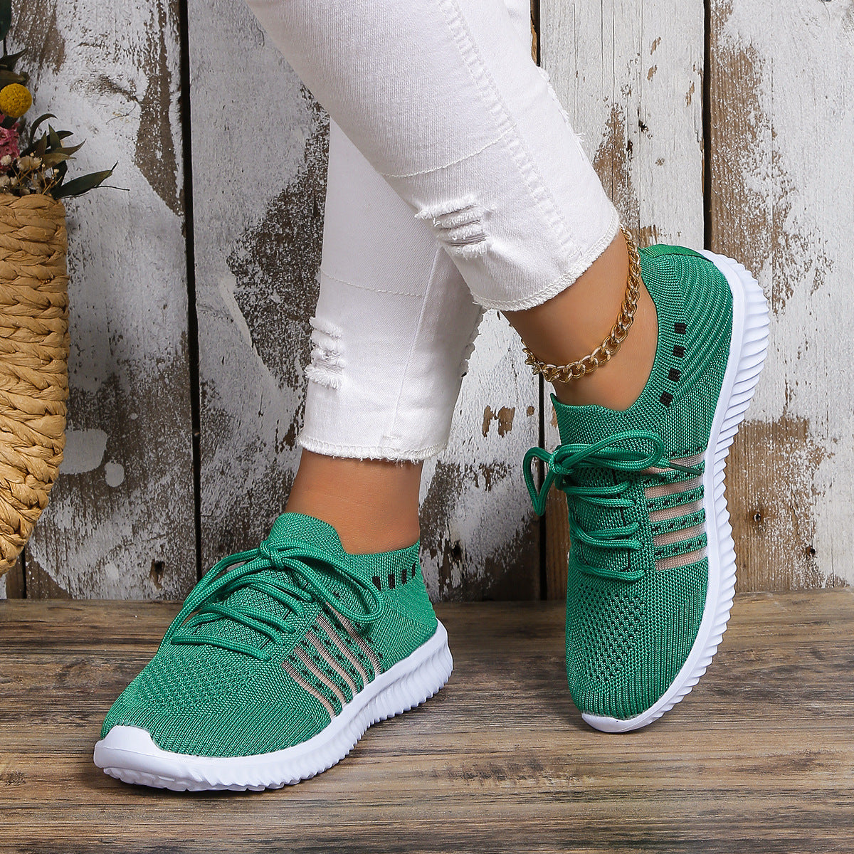 loveccr Foreign Trade plus Size Leisure Sneaker Female HOTan and NEWn New Flying Woven Wedge round Head Lace-up Women's Breathable Mesh Shoes