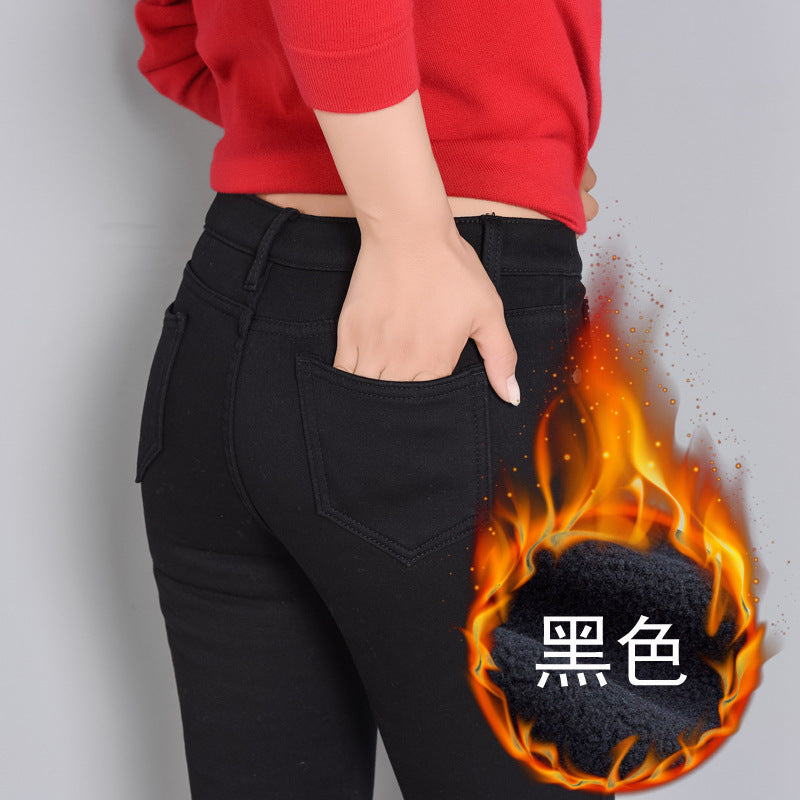 Plus Size Fleece-lined Thick Color Pants Korean Style Winter Skinny Jeans Women's Candy Color Warm Pencil Pants Women's Pants
