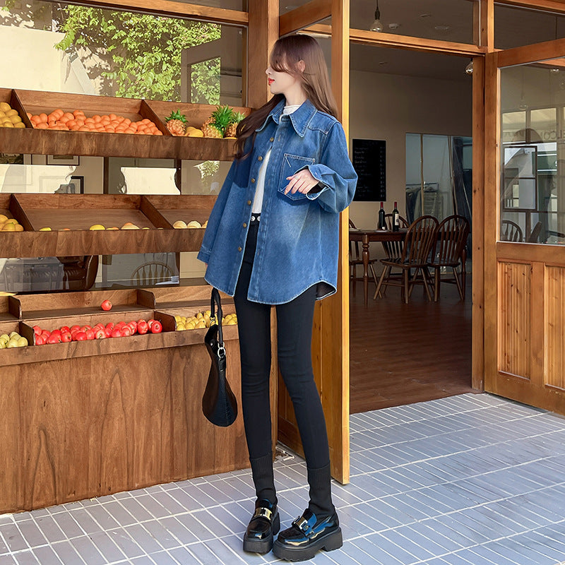 2025 spring Popularan goods Manila retro blue contrasting denim shirt design sense loose casual top women's clothing