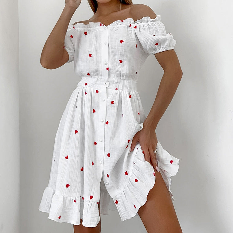 2025 Spring new love printing cotton and linen one-word neck bubble sleeve high waist dress popular fashion short skirt women