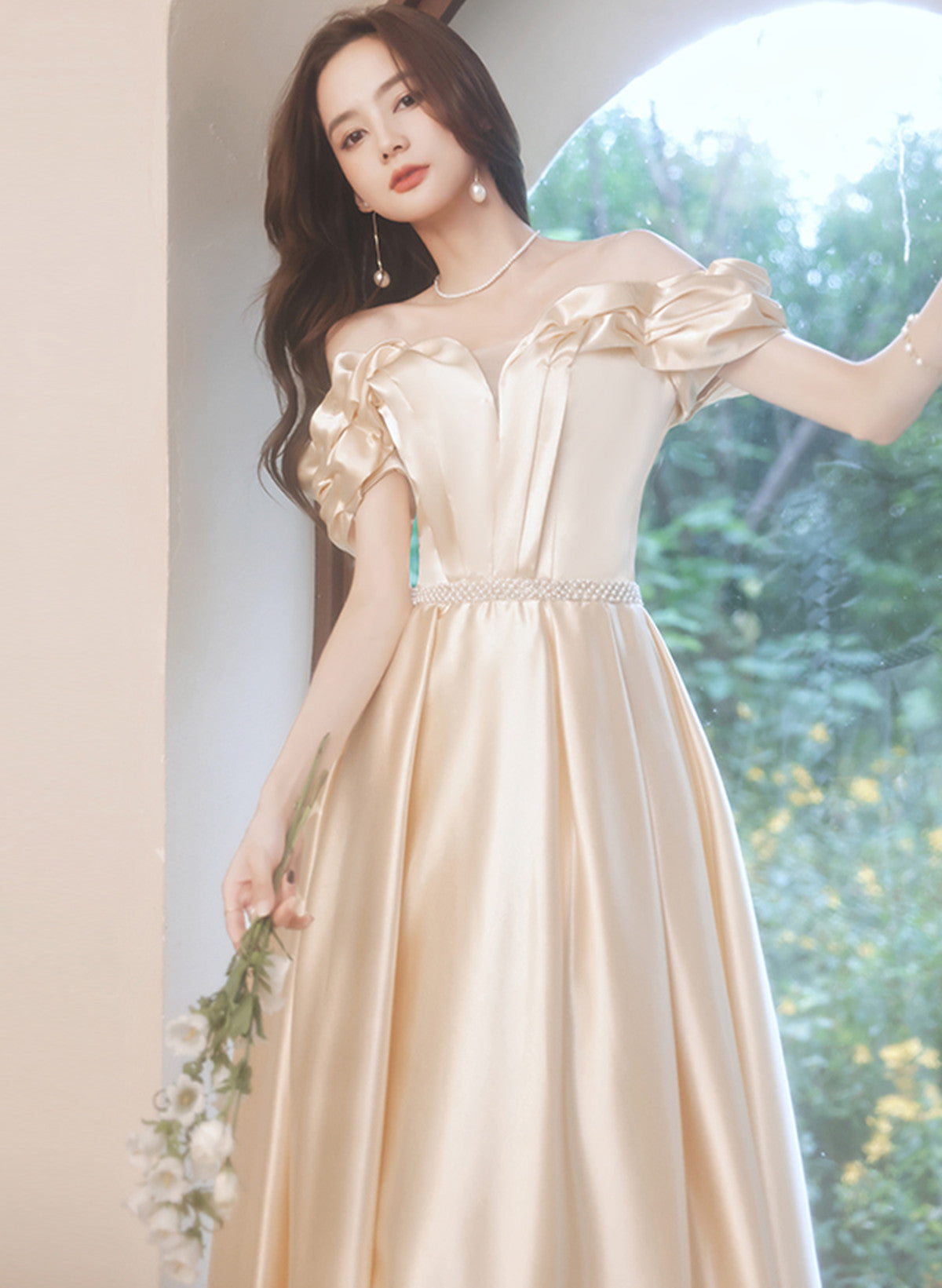 LOVECCRChampagne Satin Long Off Shoulder Prom Dress, A-line Beaded Evening Dress