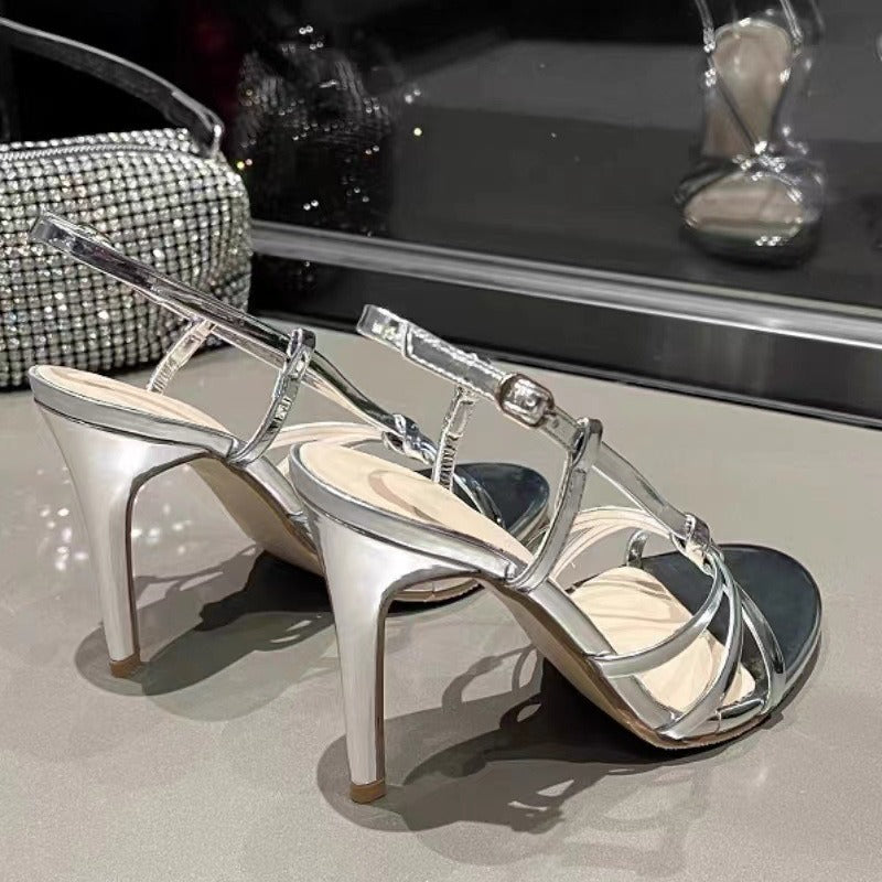 loveccr Gold Lace-up High Heels Women's plus Size New Summer Ankle-Strap Stilettos Roman Sandals Women's Foreign Trade