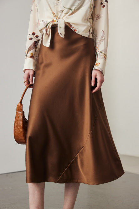 Silk Skirt Female Spring and Summer New Solid Color Commute Stretch Satin a Version Small Satin Mulberry Silk Skirt