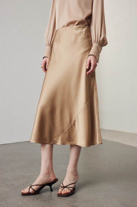 Silk Skirt Female Spring and Summer New Solid Color Commute Stretch Satin a Version Small Satin Mulberry Silk Skirt