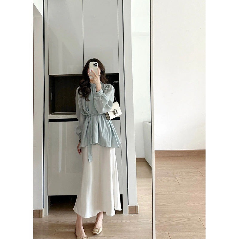 Korean temperament versatile strap waist thin lantern sleeves Tencel top + satin drawstring skirt two-piece set