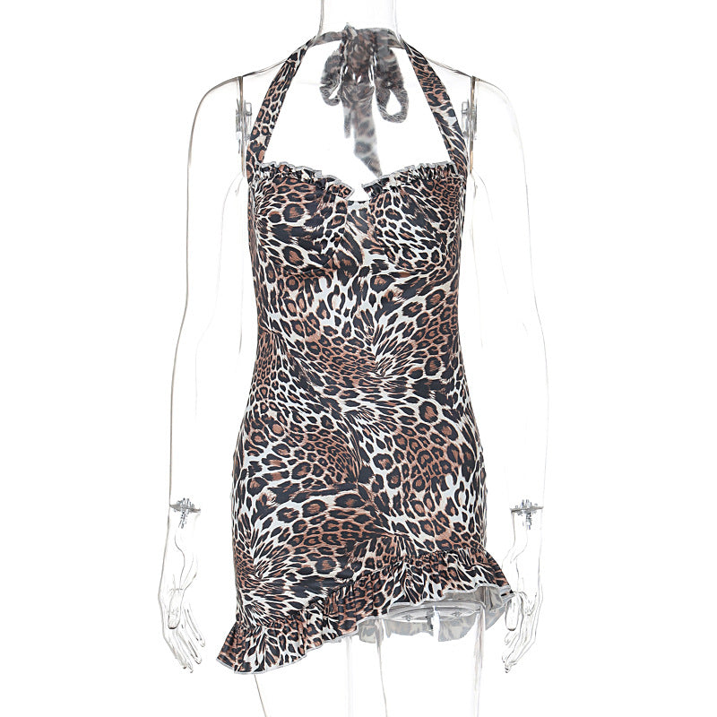 LOVECCR style Hot summer new leopard print lace-up halter sexy slim hip skirt wholesale