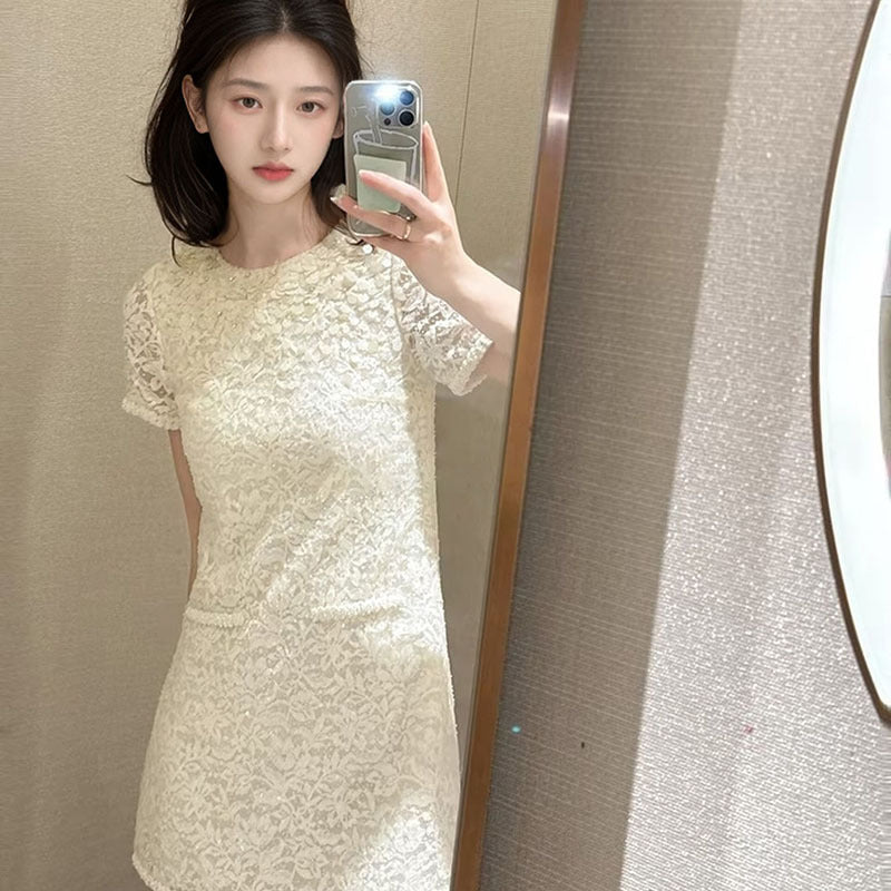 summer new white sequined dress temperament high sense light luxury niche design skirt M4048