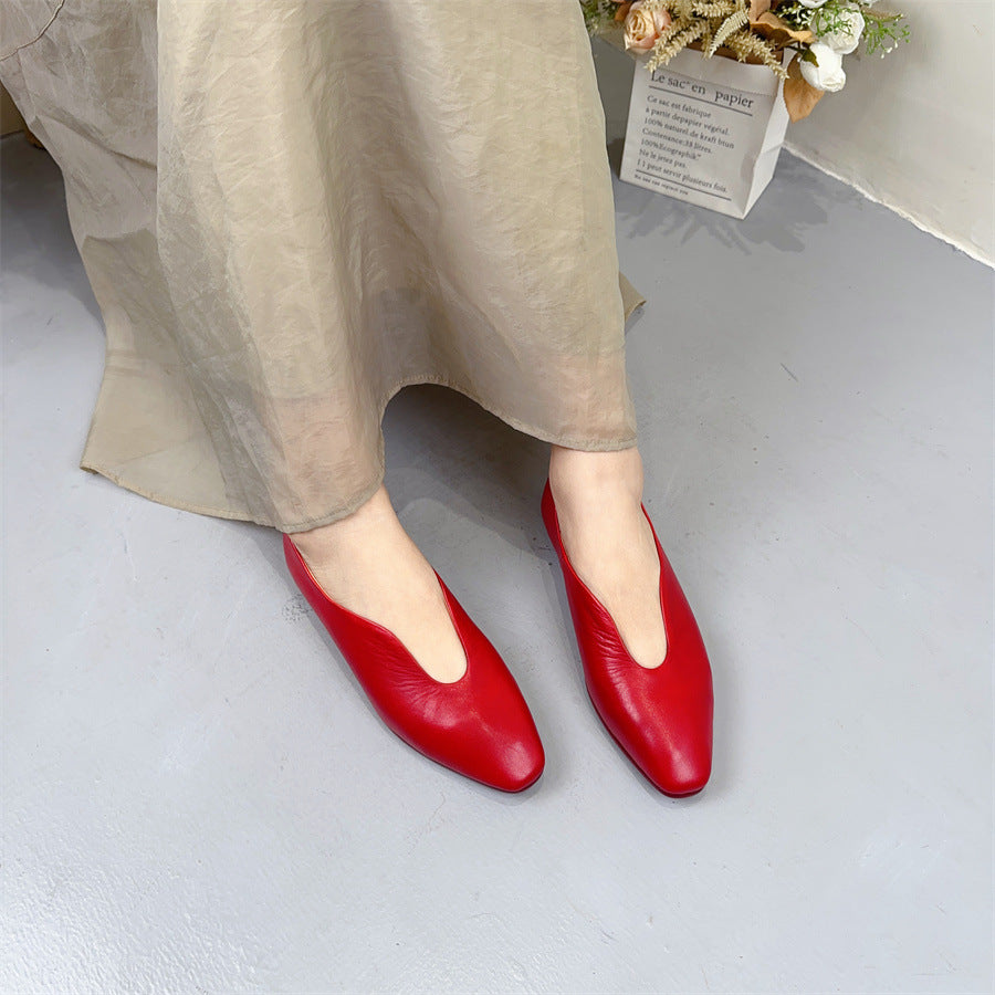 loveccr Women's Leather Shoes Princess Pavilion Summer New Retro Genuine Leather Stylish Pumps Women's Flat Heel