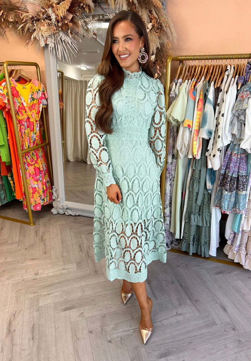 Spring New Style Lace Stand Collar Puff Sleeve Waist Slimming Dress Graceful European and American Long Dress