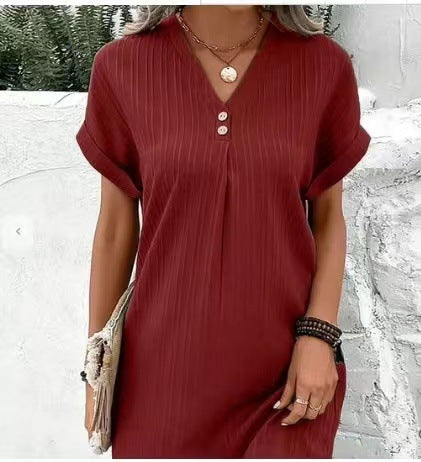 LOVECCR Cross-Border European and American Women's Clothing New Hot Sale V-neck Solid Color Pullover Leisure Button Dress in Stock