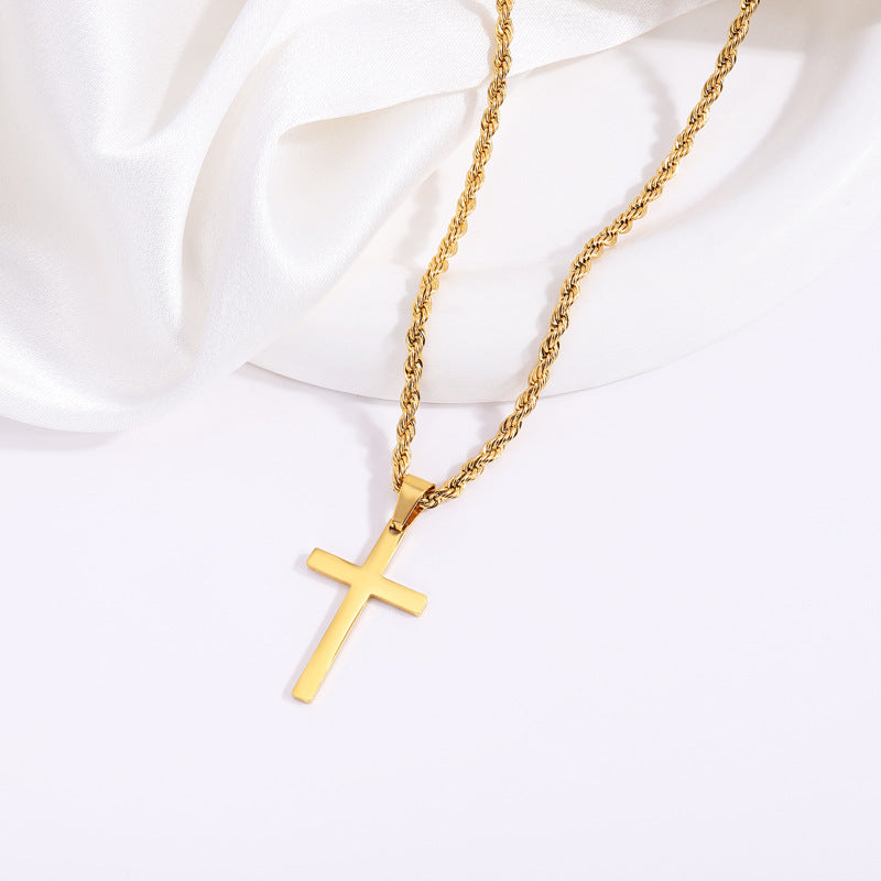 Titanium Steel Necklace Stainless Steel Boys High Sense Hemp Flowers Chain Double Layer Cross Fashion All-Match Non-Fading Pendant