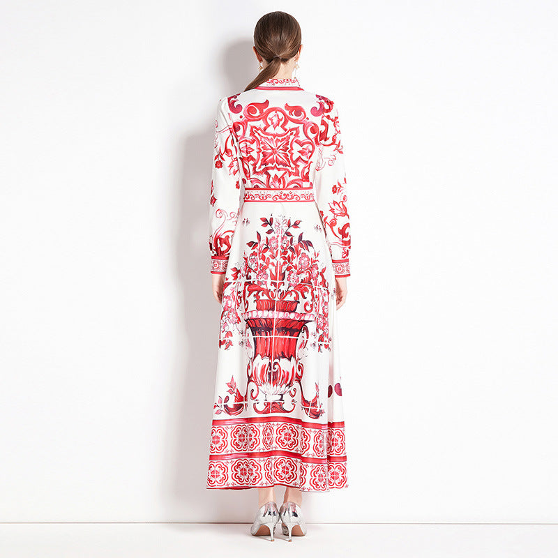 Retro court style long-sleeved lapel waist thin lace-up celadon printed a-word dress elegant dress long dress