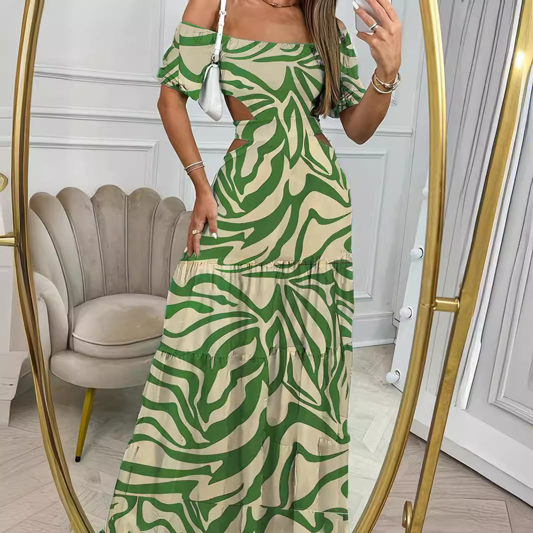 Independent Station Summer European and American Style Women's Printed off-Neck Elastic Waist Large Swing Dress Holiday Dress