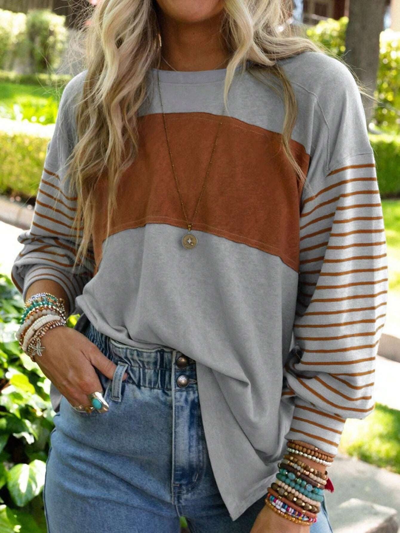 2025 Popular, , New women's clothing spring and autumn new pullover round neck casual striped contrasting color long-sleeved t-shirt women
