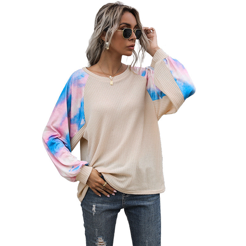LOVECCR New Popular, 2025 and popular new waffle bottoming long-sleeved shirt tie-dye round neck splicing pullover T-shirt women
