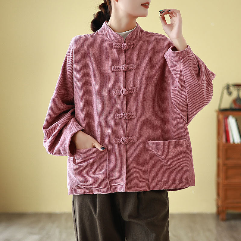 Real popular autumn and winter retro corduroy loose Tang suit old ethnic style tea suit pair of placket buckle stand-up collar jacket