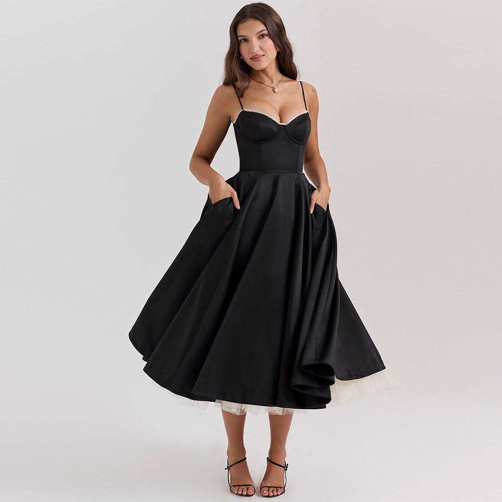 LOVERCCR Foreign Trade High-End Cross-Border Women's Clothing Sexy Sling Hard Net Large Swing Dress Long Dress Temperament Slim Formal Dress
