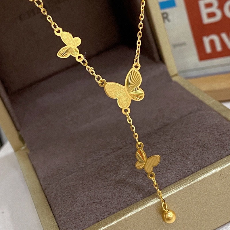 New Ancient Style Golden Butterfly Tassel Necklace Women's Gentle High-Grade Versatile Special-Interest Design Titanium Steel Clavicle Chain