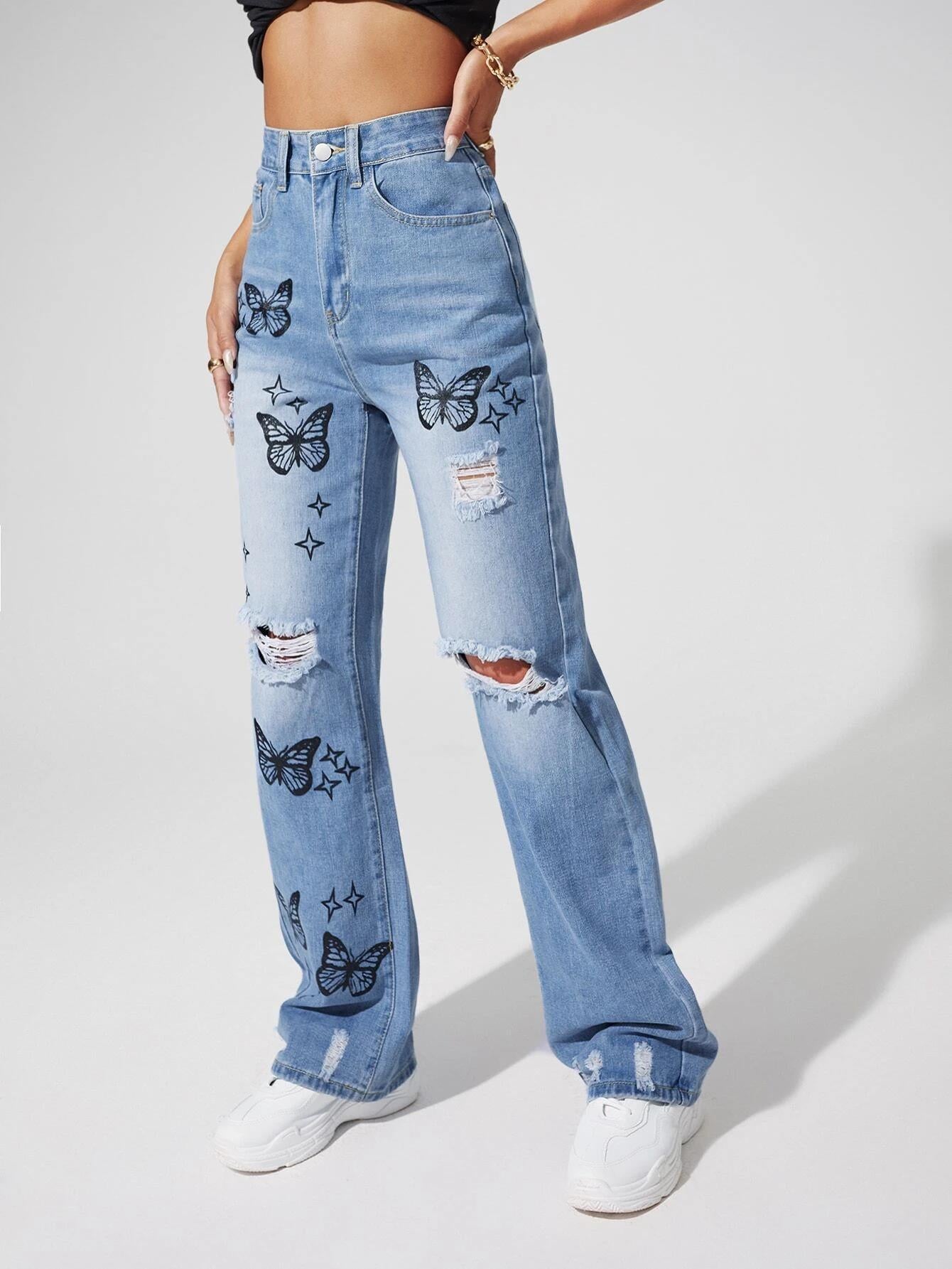 New European and American Wish Embroidery Ripped Fashion Denim Skinny Pants Female 69310