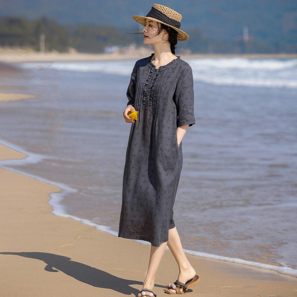 Linen Floral Dress Vintage Lacework round-Neck Organ Pleated Middle-Sleeve Floral-Print A- line Skirt 24 Spring and Summer Original New