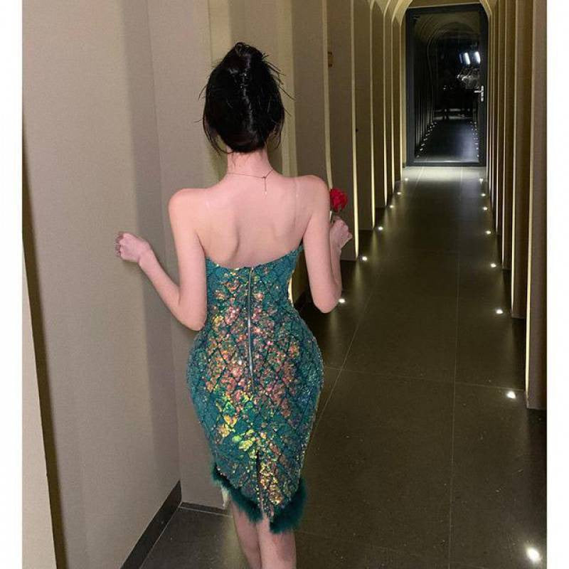 LOVECCR Socialite Retro Green Sequin Shiny Sheath Party Evening Dress Elegant Sexy Slim Strap Dress