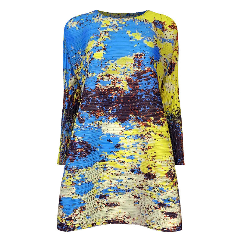 Miyake spring new irregular contrasting color long-sleeved casual niche top women's starry sky printing fashion T-shirt